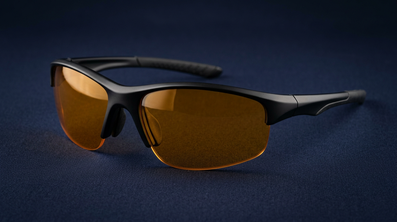 VisionDrive amber-tinted anti-glare driving glasses on dark blue background, studio product photograph